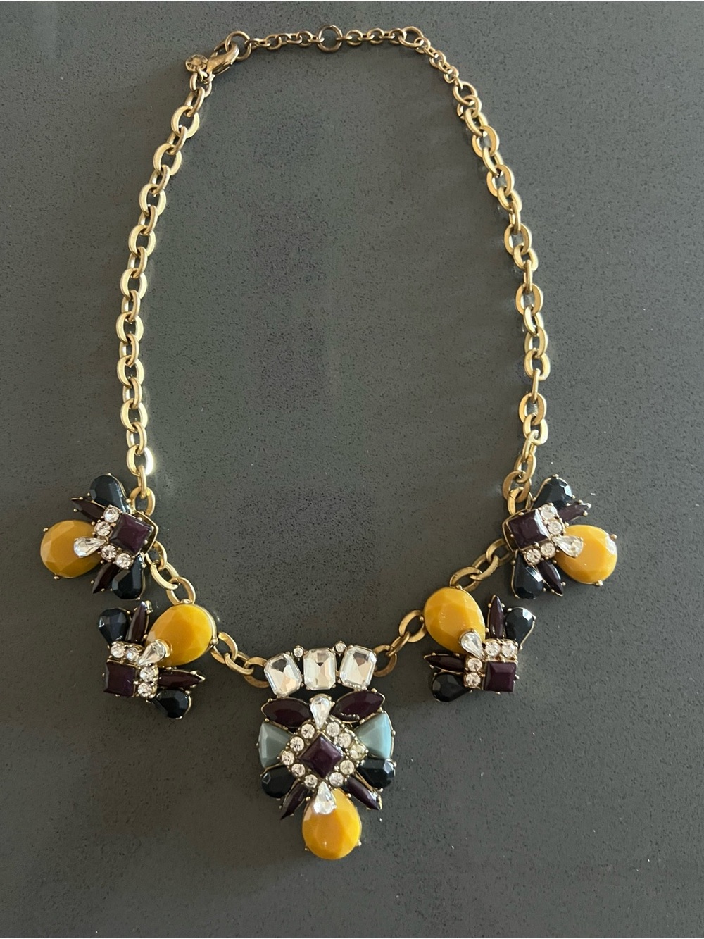 J Crew Gold Tone Chain Statement Necklace Crystal Yellow Navy Purple Blue Gems